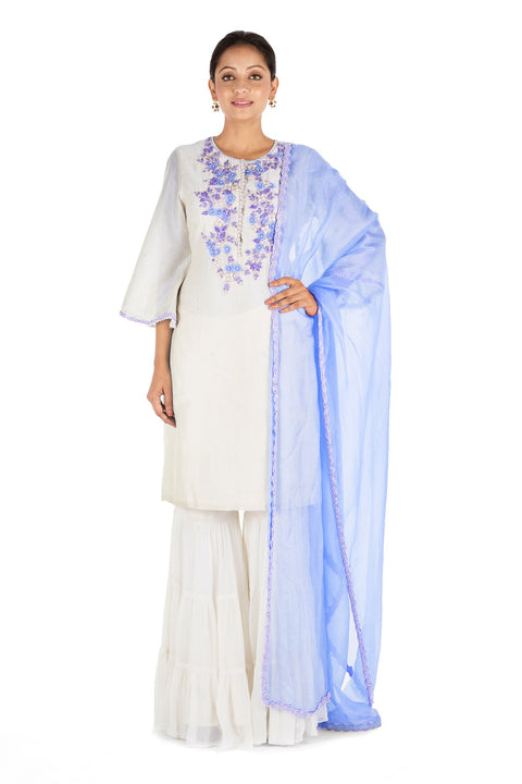 Hand Embroidered Off White Three Layer Sharara Set.