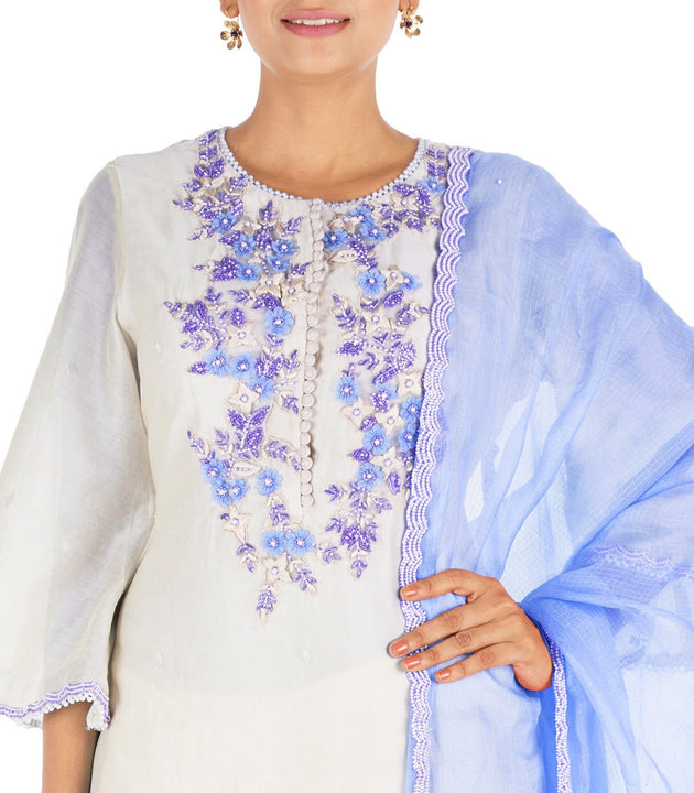 Hand Embroidered Off White Three Layer Sharara Set.