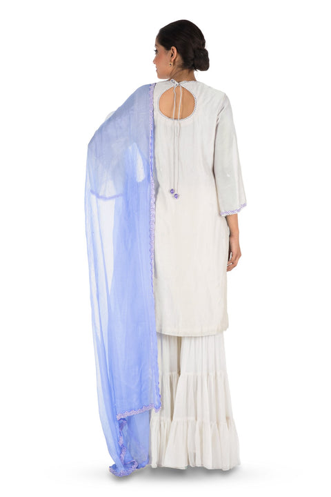 Hand Embroidered Off White Three Layer Sharara Set.