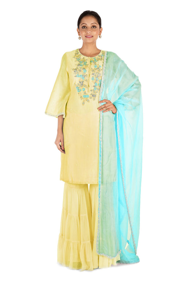 Hand Embroidered Yellow Three Layer Sharara Set.