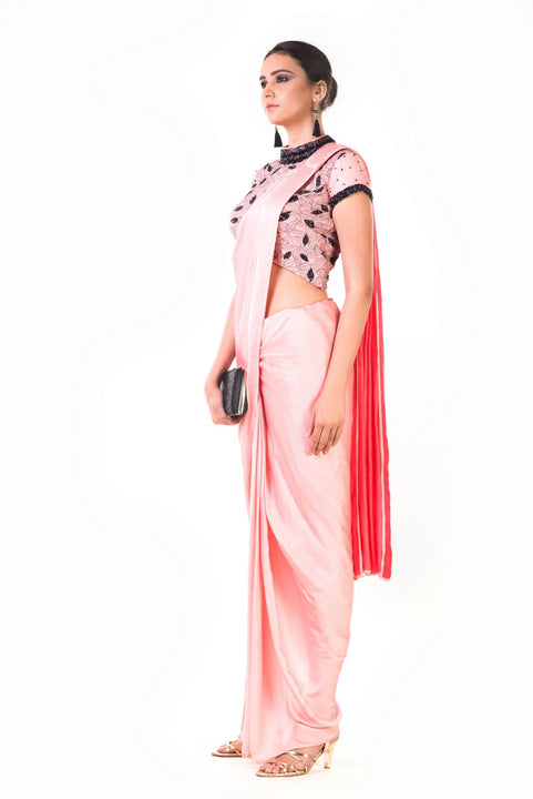 Peach Draped Dhoti With Shaded Palla & Patta Work Croptop
