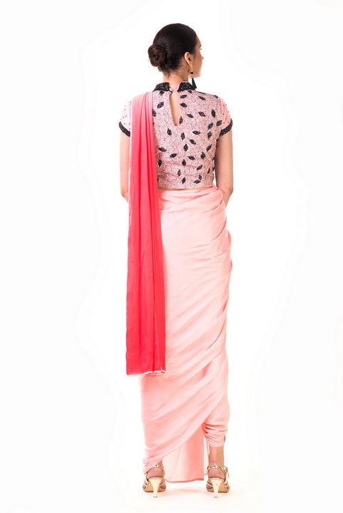 Peach Draped Dhoti With Shaded Palla & Patta Work Croptop