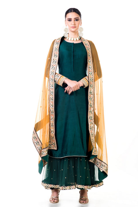 Bottle Green Double Layer Dress With Beige Dupatta