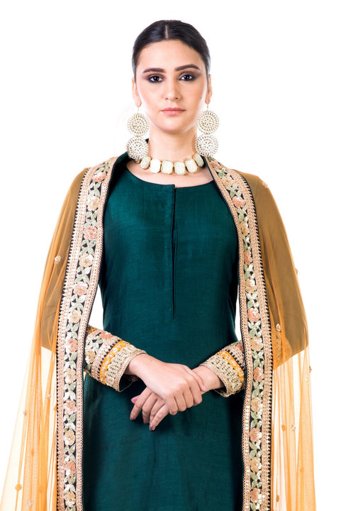 Bottle Green Double Layer Dress With Beige Dupatta