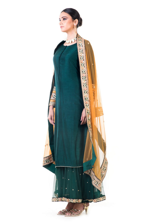 Bottle Green Double Layer Dress With Beige Dupatta