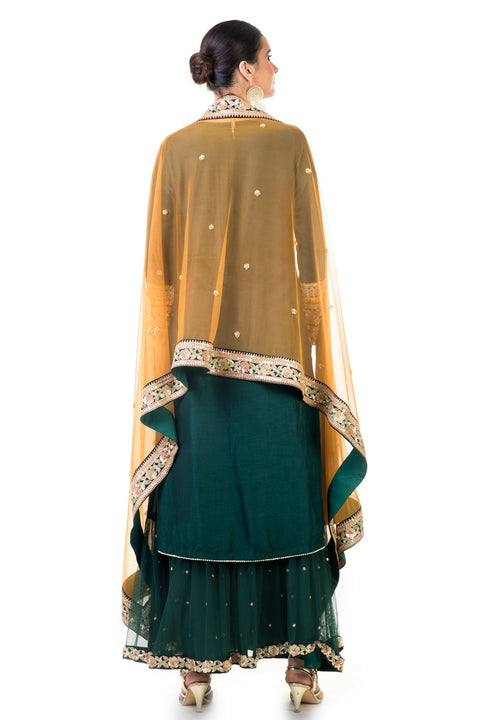 Bottle Green Double Layer Dress With Beige Dupatta