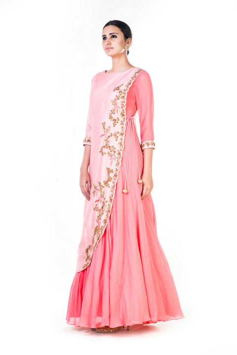 Hand Embroidered Peach Tie Up Gown