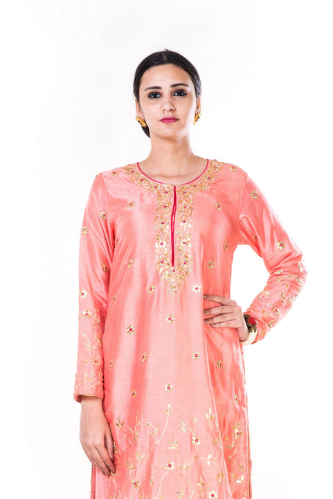 Hand Embroidered Peach Gota Work Palazzo Suit Set