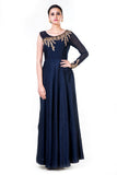 Embroidered Navy Blue One Side Full Sleeves Gown