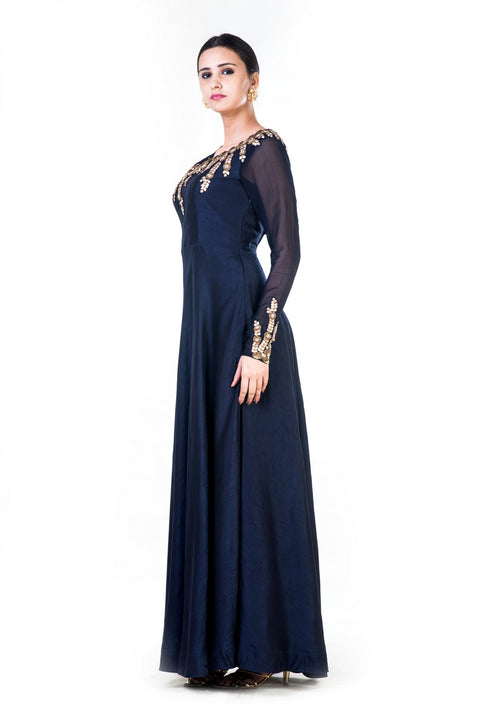 Embroidered Navy Blue One Side Full Sleeves Gown