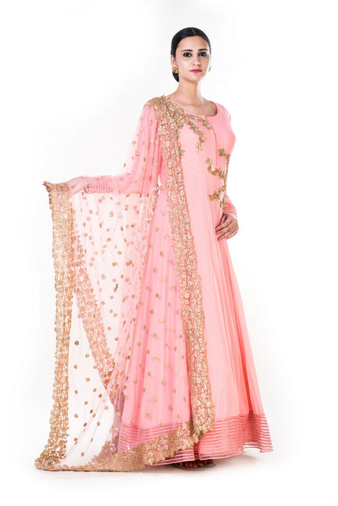 Golden Embroidery Work Peach Anarkali With A Gold Work Dupatta