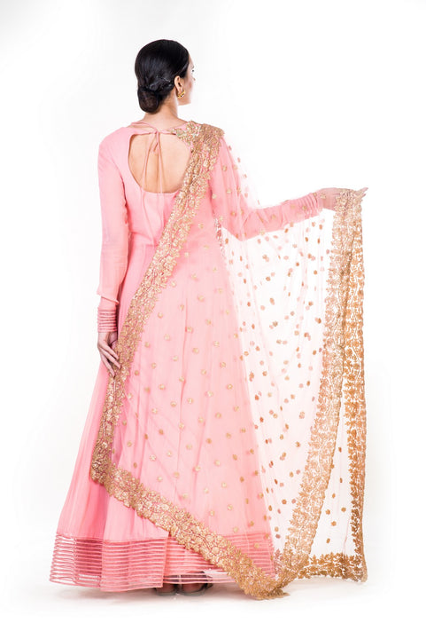 Golden Embroidery Work Peach Anarkali With A Gold Work Dupatta