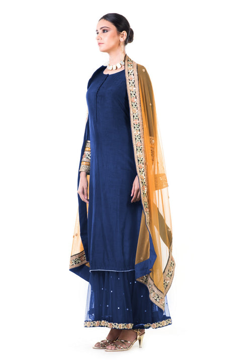 Navy Blue Double Layer Dress With Beige Dupatta