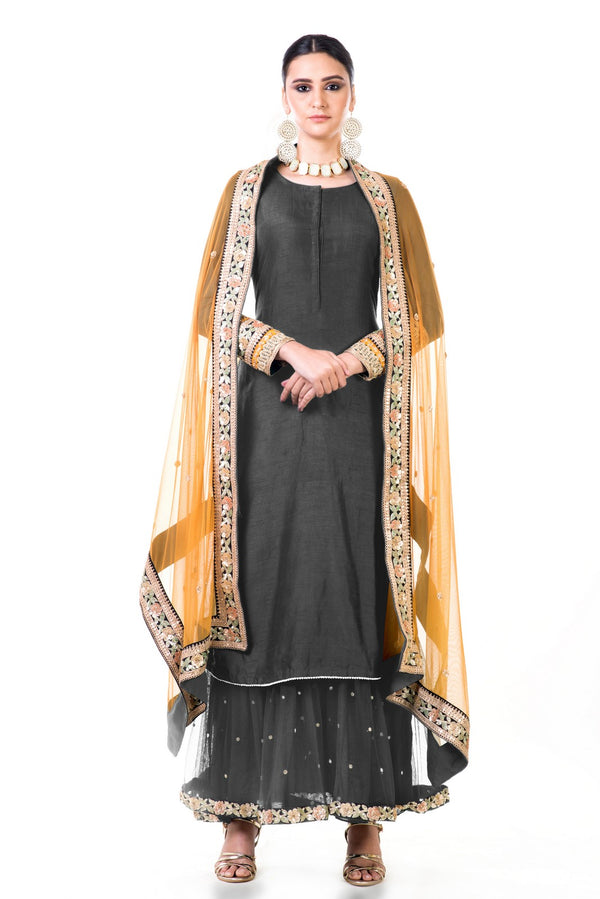 Grey Double Layer Dress With Beige Dupatta