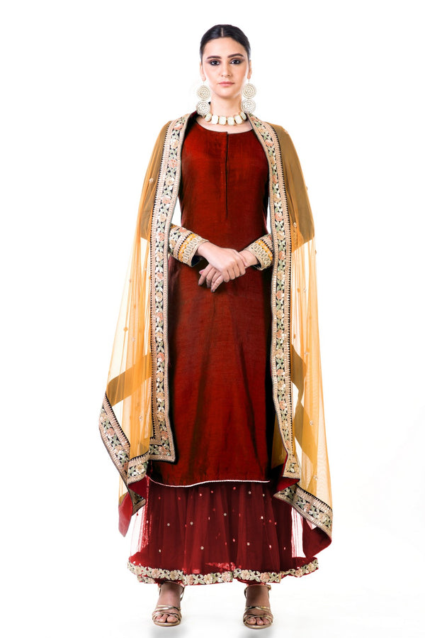 Maroon Double Layer Dress With Beige Dupatta