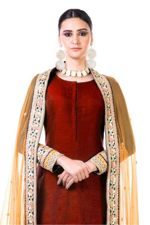Maroon Double Layer Dress With Beige Dupatta