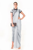 Grey Draped Dhoti With Shaded Palla & Patta Work Croptop
