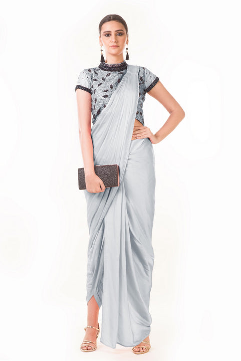 Grey Draped Dhoti With Shaded Palla & Patta Work Croptop