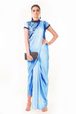 Powder Blue Draped Dhoti With Shaded Palla & Patta Work Croptop