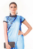 Powder Blue Draped Dhoti With Shaded Palla & Patta Work Croptop