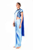 Powder Blue Draped Dhoti With Shaded Palla & Patta Work Croptop