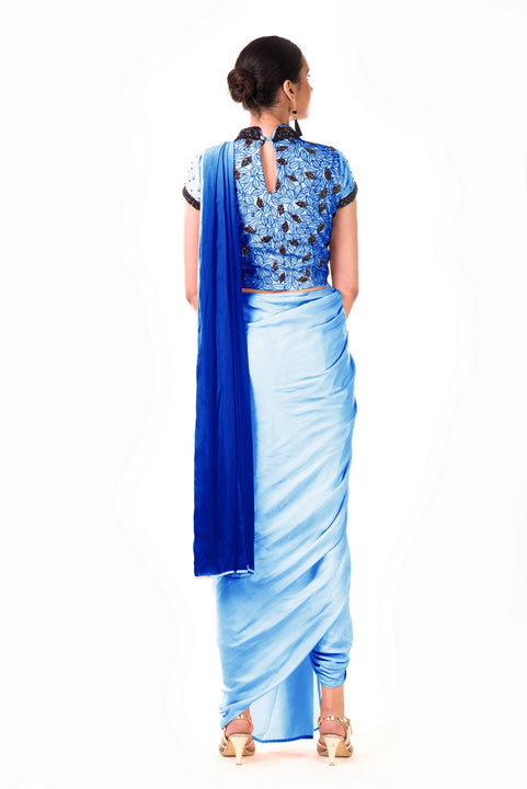 Powder Blue Draped Dhoti With Shaded Palla & Patta Work Croptop
