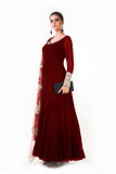 Maroon Ari Dress With Ari Work Net Dupatta