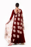 Maroon Ari Dress With Ari Work Net Dupatta