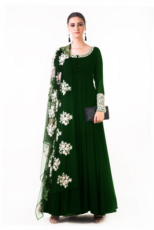 Bottle Green Ari Dress With Ari Work Net Dupatta