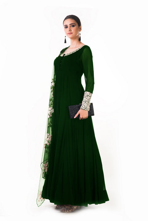 Bottle Green Ari Dress With Ari Work Net Dupatta