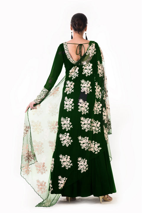 Bottle Green Ari Dress With Ari Work Net Dupatta