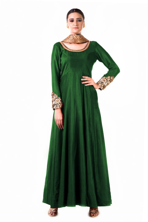 Green Bem-Silk Kali Dress With A Black Velvet Dupatta Green Bem-Silk Kali Dress With A Black Velvet Dupatta