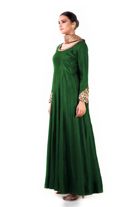 Green Bem-Silk Kali Dress With A Black Velvet Dupatta