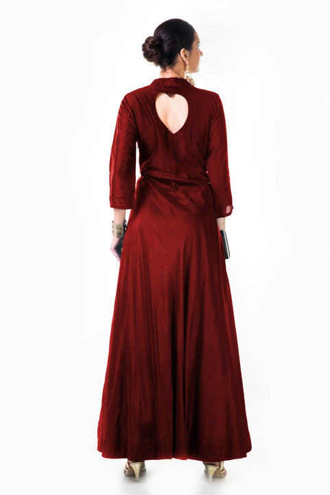 Hand Embroidered Sequins Maroon Silk Panel Dress