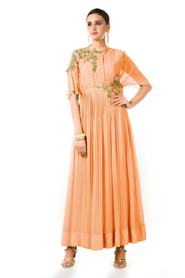 Hand Embroidered Peach Overlapped Yoke Pleated Dress