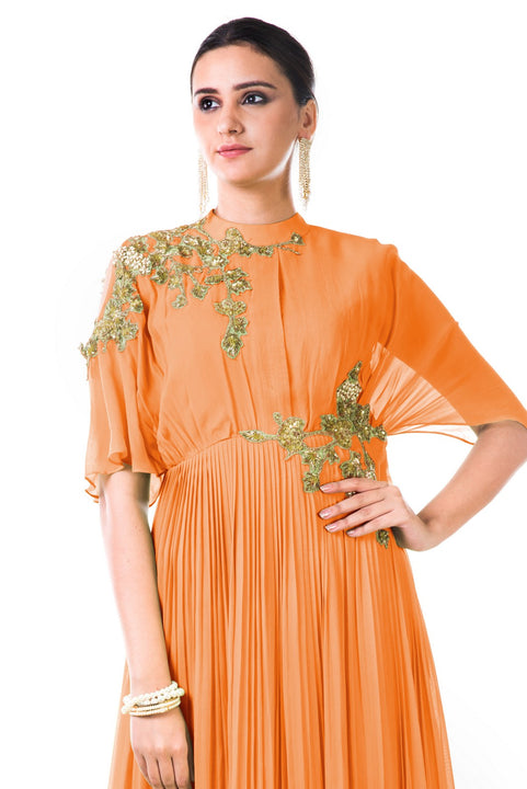 Hand Embroidered Peach Overlapped Yoke Pleated Dress