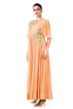 Hand Embroidered Peach Overlapped Yoke Pleated Dress