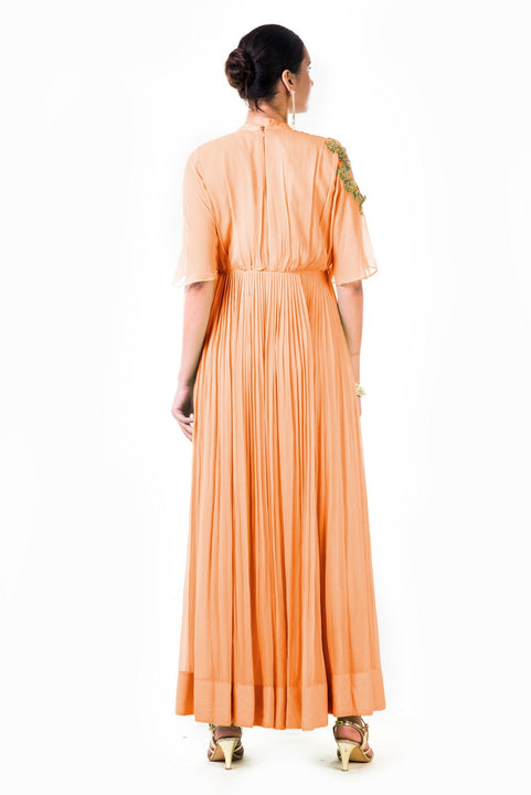 Hand Embroidered Peach Overlapped Yoke Pleated Dress