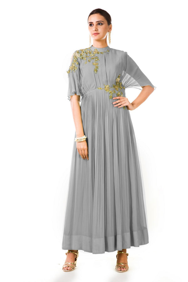 Hand Embroidered Grey Overlapped Yoke Pleated Dress