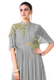 Hand Embroidered Grey Overlapped Yoke Pleated Dress