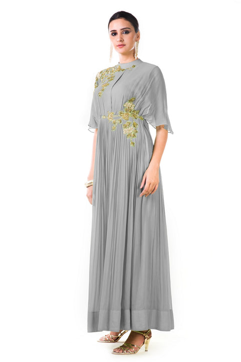 Hand Embroidered Grey Overlapped Yoke Pleated Dress