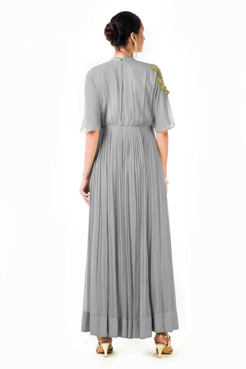 Hand Embroidered Grey Overlapped Yoke Pleated Dress