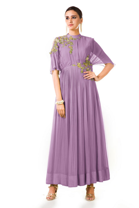 Hand Embroidered Lavender Overlapped Yoke Pleated Dress
