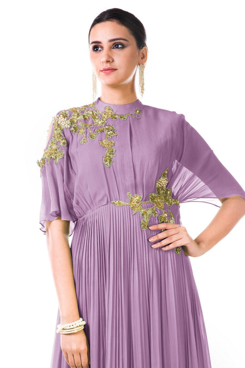 Hand Embroidered Lavender Overlapped Yoke Pleated Dress
