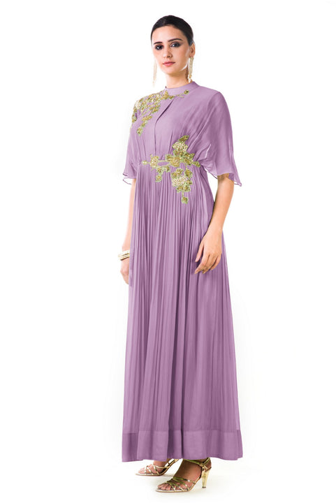Hand Embroidered Lavender Overlapped Yoke Pleated Dress