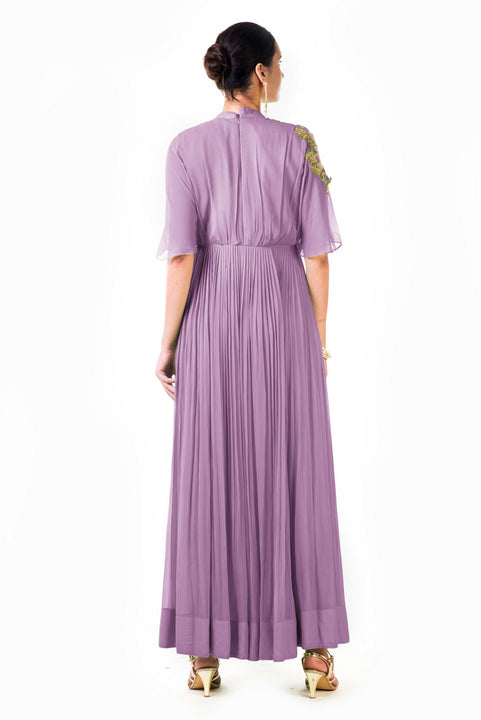 Hand Embroidered Lavender Overlapped Yoke Pleated Dress