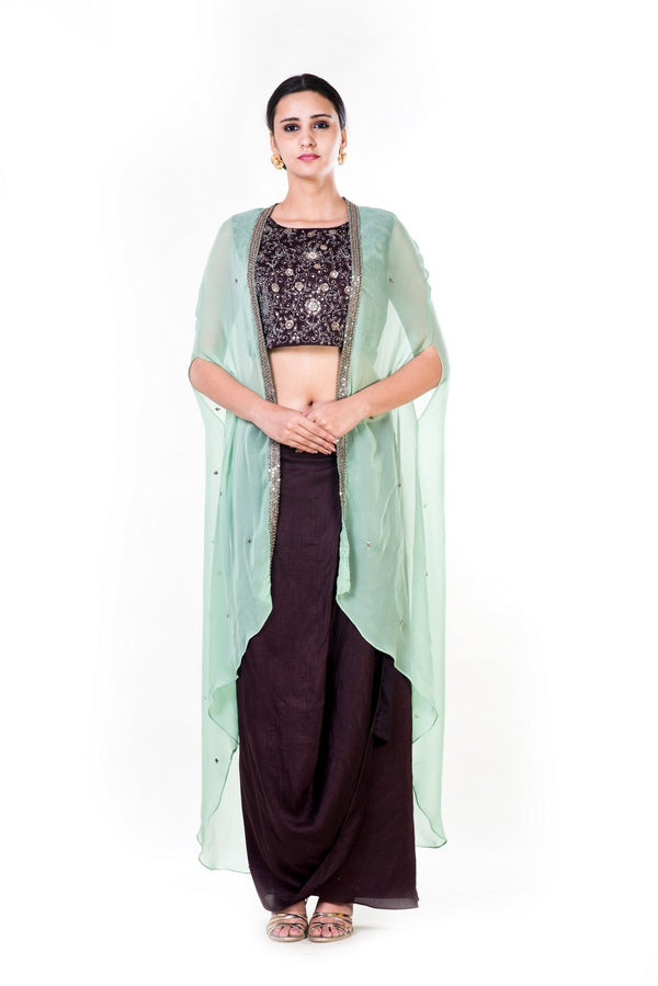 Hand Embroidered Brown & Green Cape Crop Top & Brown Draped Skirt Set