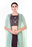 Hand Embroidered Brown & Green Cape Crop Top & Brown Draped Skirt Set