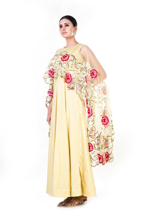 Embroidered Yellow Gown With A Floral Work Cape