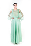Green Sequin Work Cold Shoulder Cape Style Gown